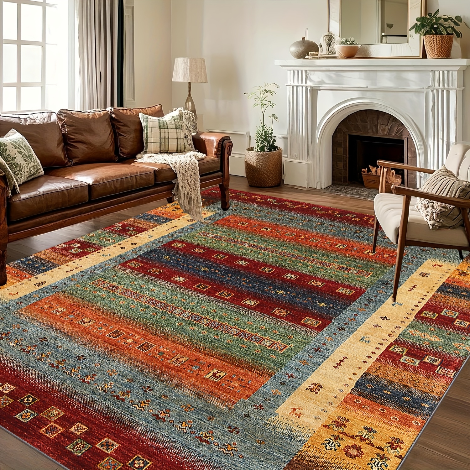 TEMU 1pc Luxury Velvet Area Carpet - Bohemian Style, Non-slip Backing Machine Washable 100% Polyester Fiber - Ideal For Areas Rooms, Bedrooms,