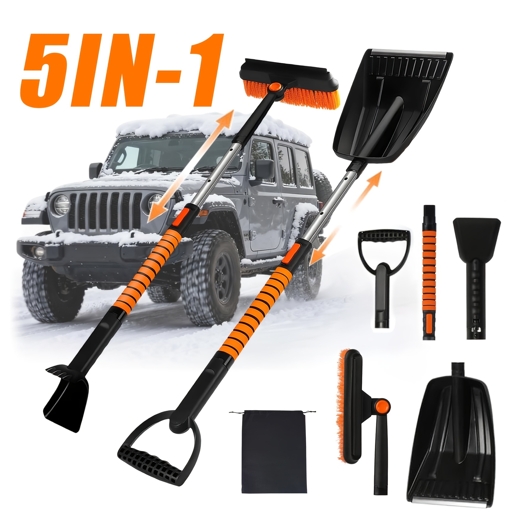 Kit Balai et Pelle à Neige 5-en-1 | Extensible à 270° avec Poignée en Mousse, Grattoir à Glace pour Pare-brise de Voiture, Essentiels d'Hiver, Urgence pour Voiture, Camion, SUV - MOTOMATE