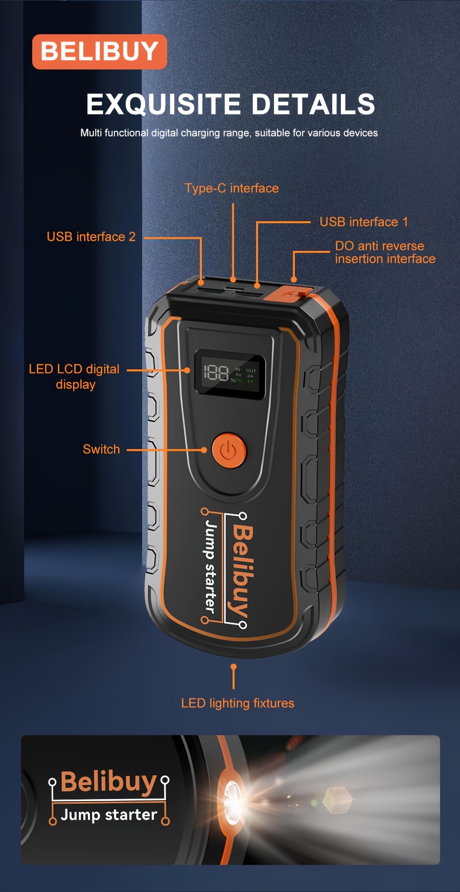 Démarreur d'urgence portable pour voiture - Chargement USB, batterie rechargeable | Conception en ABS noir, convient aux véhicules tout-terrain et aux aventures en plein air, alimentation de secours | Dispositif d'urgence compact | Structure robuste | Affichage numérique, charge rapide