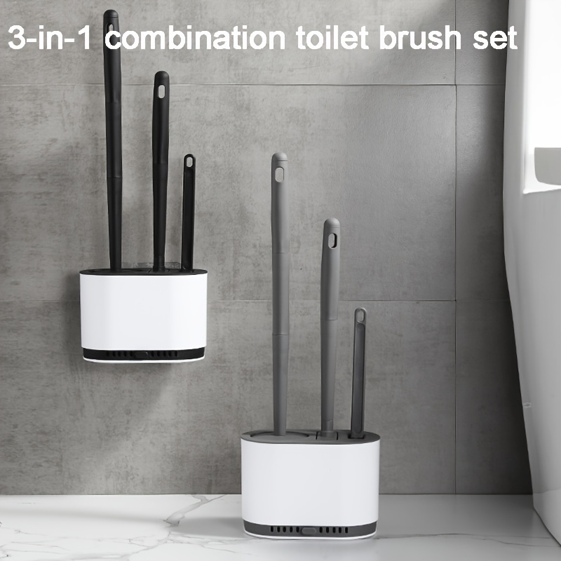 

1pc Three-in-one Wall-mounted Toilet Brush Set With Long Handle, Soft Bristle Brush, And Sturdy Plastic Holder For Bathroom Cleaning