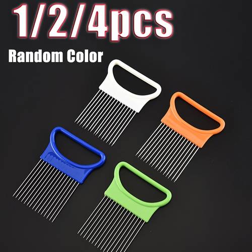1 2 4pcs stainless steel onion slicer vegetable tomato holder cutter for kitchen worker safety cooking tools food contact safe no electricity required