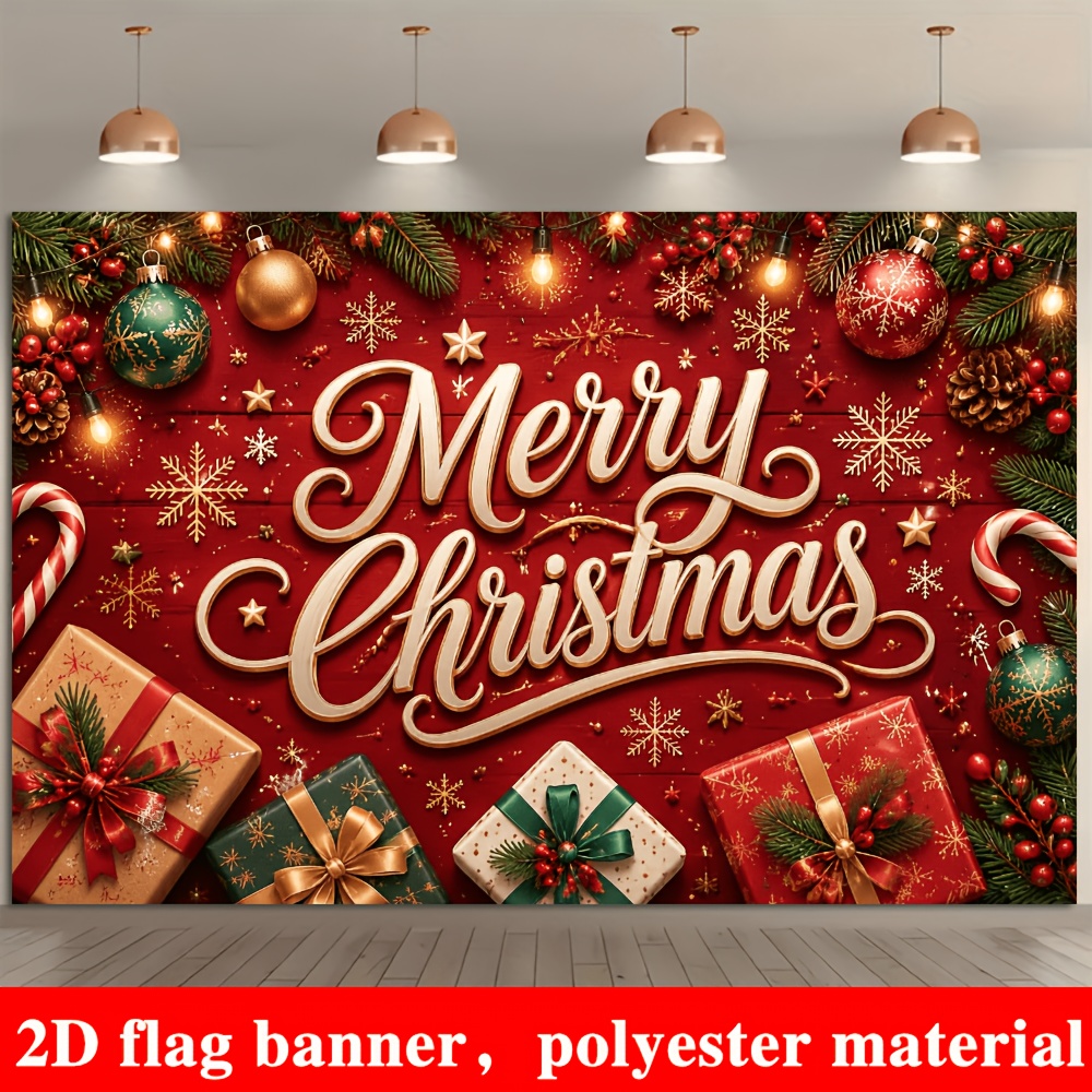 2d flat 2d flat 2d flat 2d flat 2d flat banner merry christmas themed party banner background featuring christmas ornaments gift boxes candy canes pine branches and pinecones and snowflakes made of polyester material