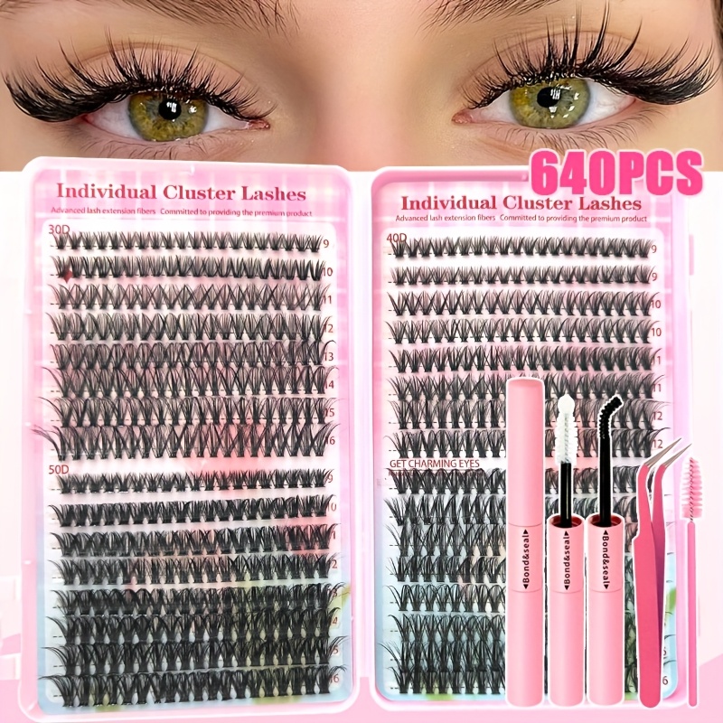 200 640pcs diy eyelash extension kit featuring individual lashes clusters with of 9 16mm lengths in 30d 40d and 50d this kit cluster lash seal and applicator making it a stunning gift set Product details 0