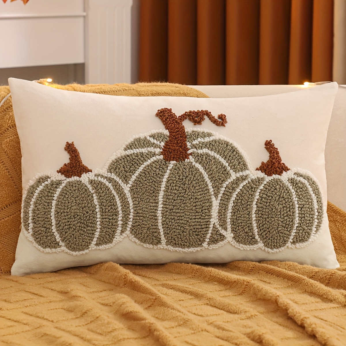 1pc Halloween Decorative Pillowcase, Pumpkin Tufted Canvas, Autumn Thanksgiving Living Room Bedroom Sofa Decor In Cream, Orange, And Green