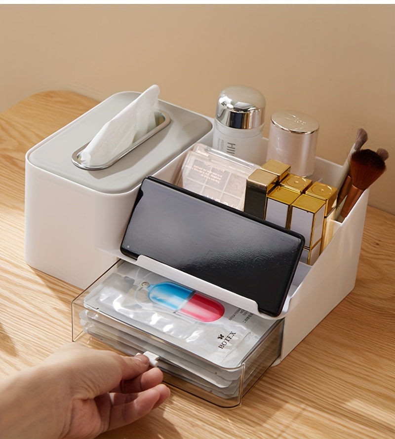 1pc desktop multifunctional tissue storage box mobile phone holder cosmetic storage rack pen glasses remote control holder drawer   counter storage rack bedroom living room organizer grid classification storage box Product details 5
