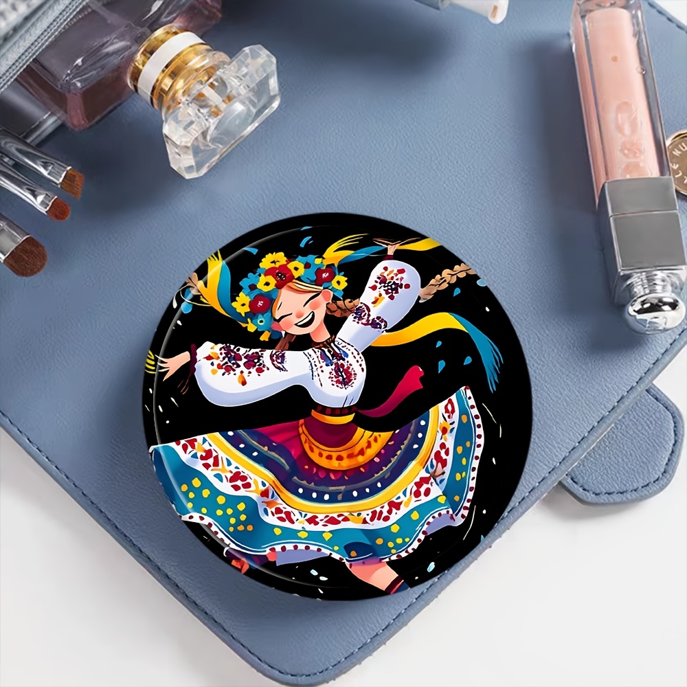 TEMU 1pc, Ukrainian Dance Themed Makeup Mirror, Exquisite Double-sided Round Mirror, Handheld Mirror, Folding Mirror, Multi-functional, Reusable,