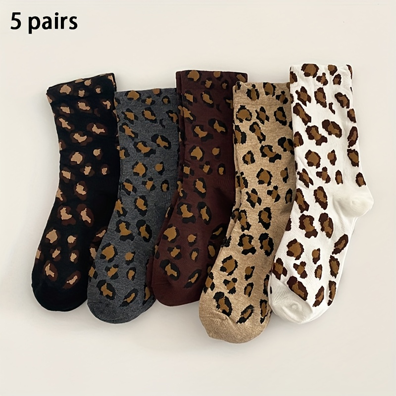 TEMU 5 Pairs Of Women's Mid-calf Leopard Print Socks, Breathable, Warm, Long, Casual, Sports, Socks, Soft, Comfortable, Cute, Unique, Fashionable,