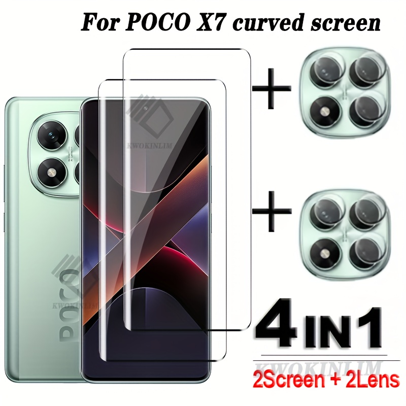 E-shop 4-in-1 für POCO X7 Glas 3D Gebogene Vollabdeckung Displayschutzfolie, Gehärtetes Glas für POCO X7 und Objektivfolie