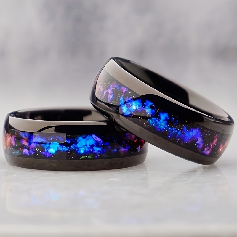 

Elegant Unisex Stainless Steel Ring With Resin Inlay, Featuring A Stunning Blue Galaxy Design - Perfect For A Birthday Or Couple's Gift