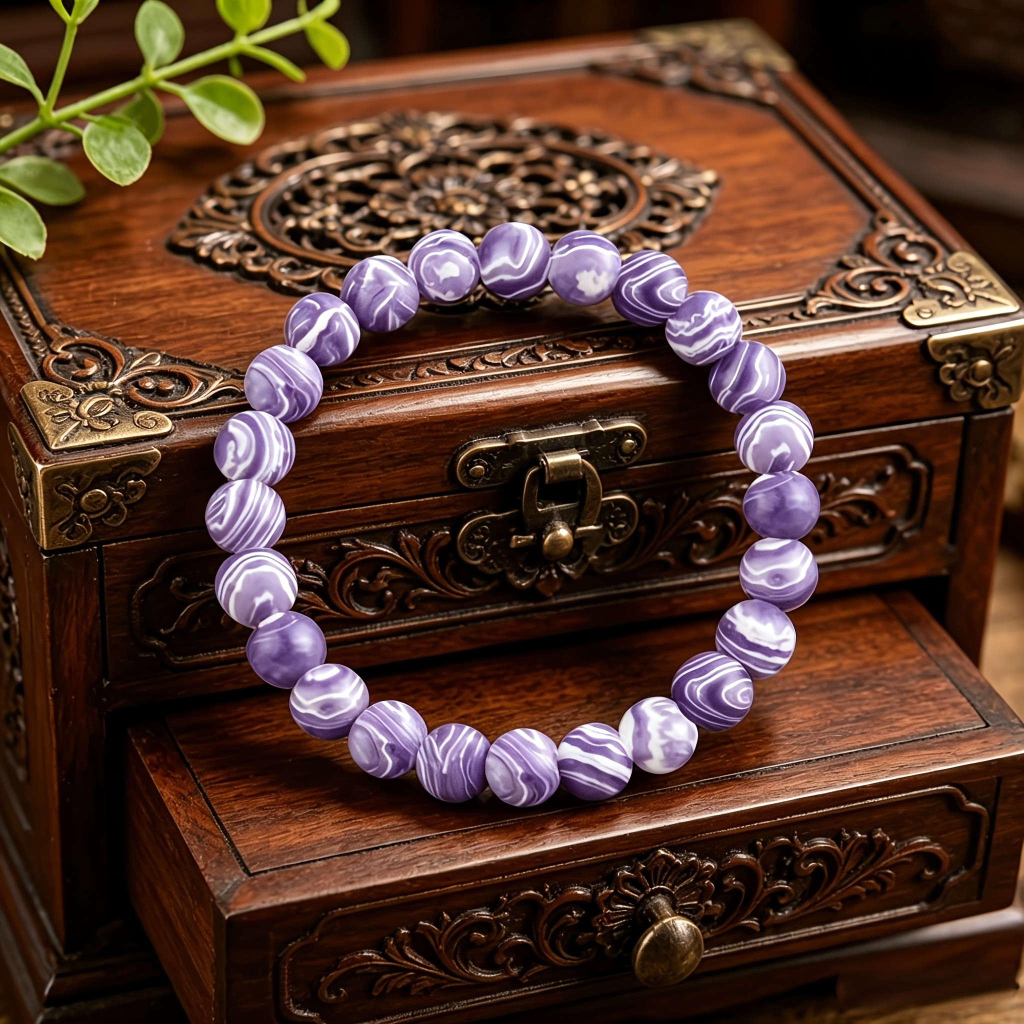 TEMU 1pc Bohemian Lavender Purple Women's Bracelet - 8mm Natural Purple Elastic Stretch Wristband, Minimalist Style, Suitable For Including Weddings,