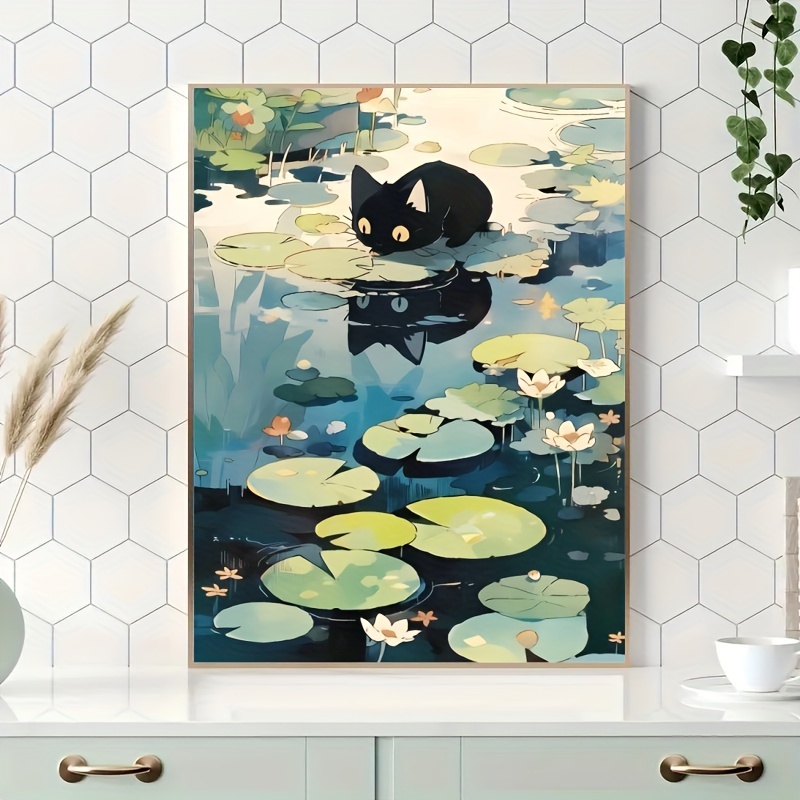 

5d Diy Diamond Painting Kit - Nature's For Lotus & Cat Design With Round Diamonds On Canvas, Craft Supplies 11.8" X 15.7