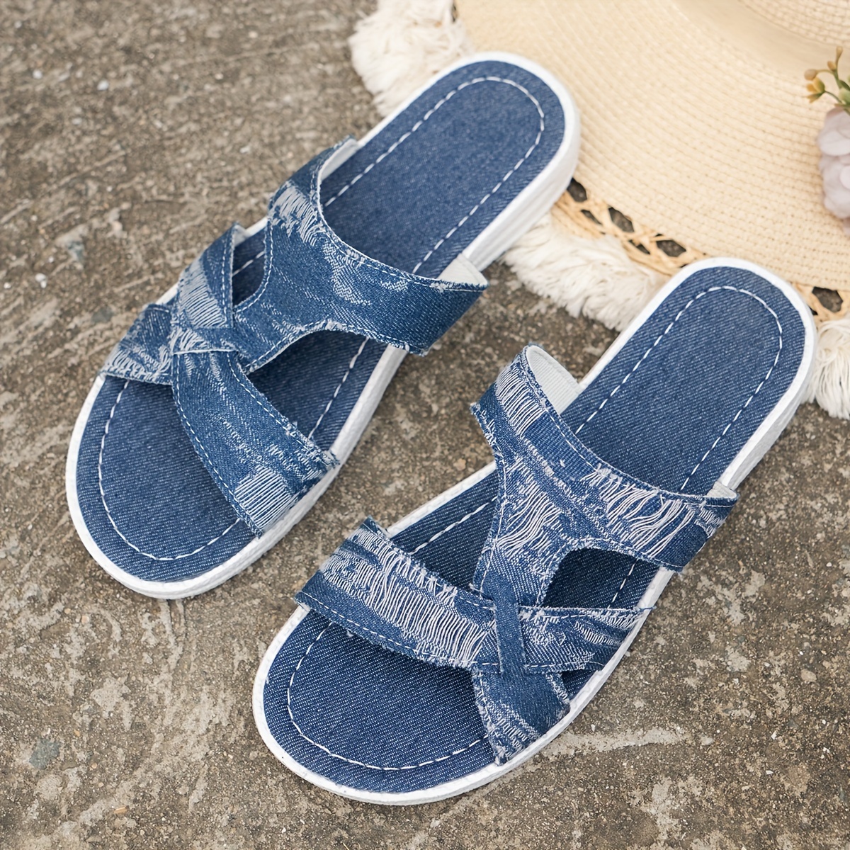 

Women's Denim Ripped Detail Slide Shoes, Casual Open Toe Summer Shoes, Comfy Outdoor Flat Slides