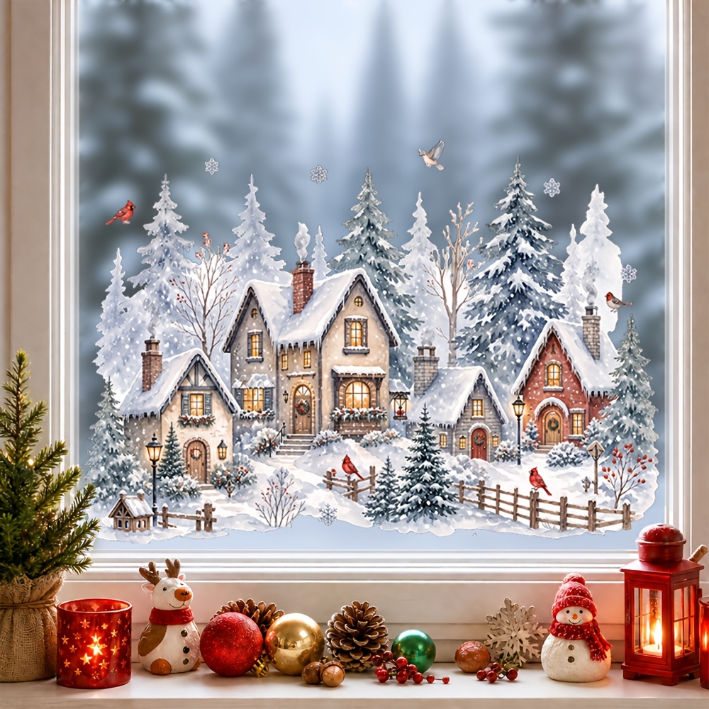TEMU 1pc Christmas Winter Snow Village Static Window Cling, Snowy Houses, Pine Trees, , Snowflake Patterns, Reusable Adhesive-free Window Decal, For