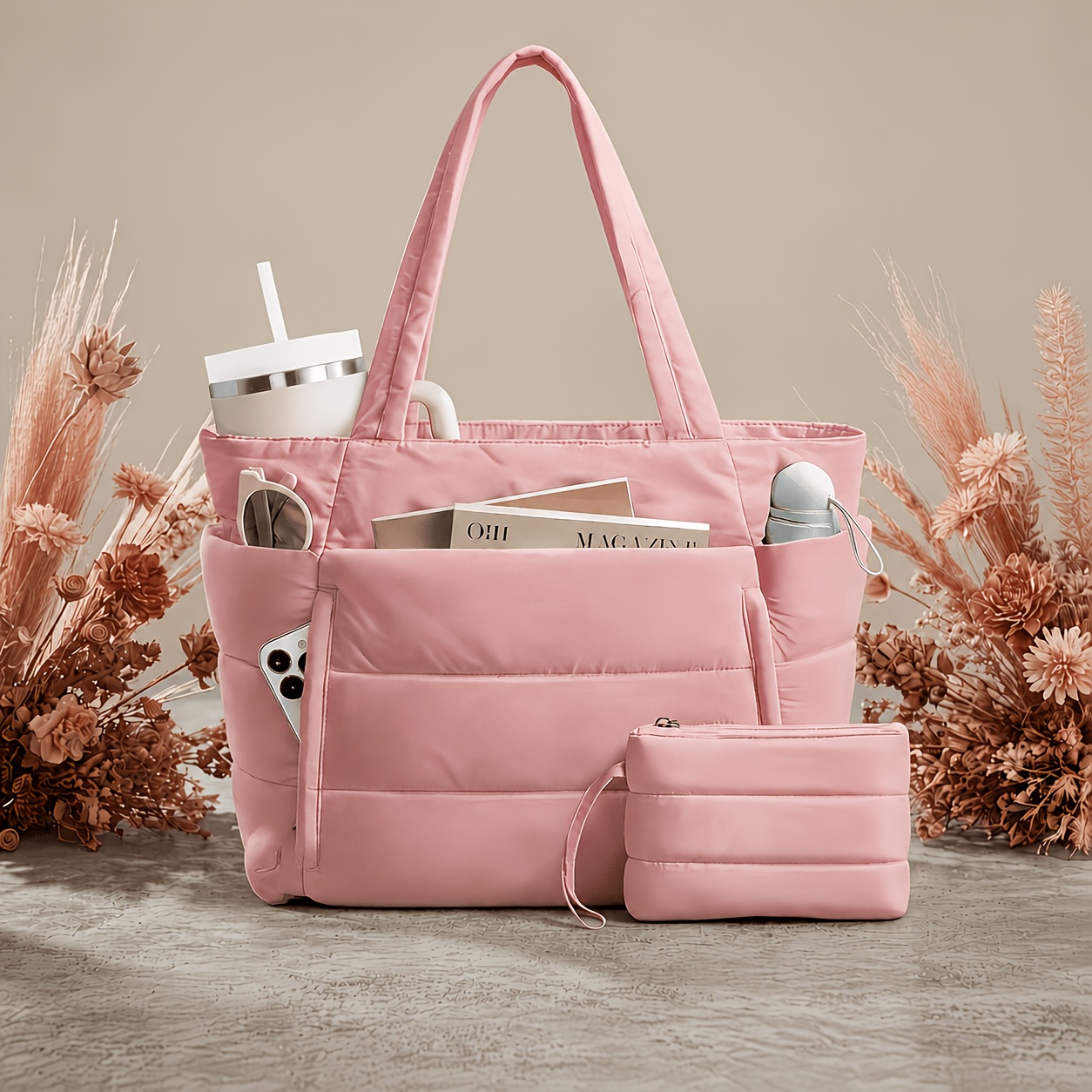 TEMU Borsa Tote Multifunzionale , con Scomparti, Tasche Interne di Diverse Dimensioni e Tracolla, Progettata per Trasportare Riviste e Oggetti, Molto