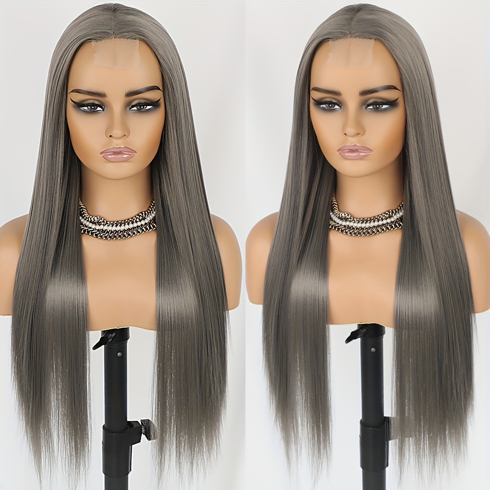 VERA X 28” GREY STRAIGHT LONG LACE FRONT WIG  *NWT Yaki Silver Grey Lace Front Wig | WigIsFashion main image 2