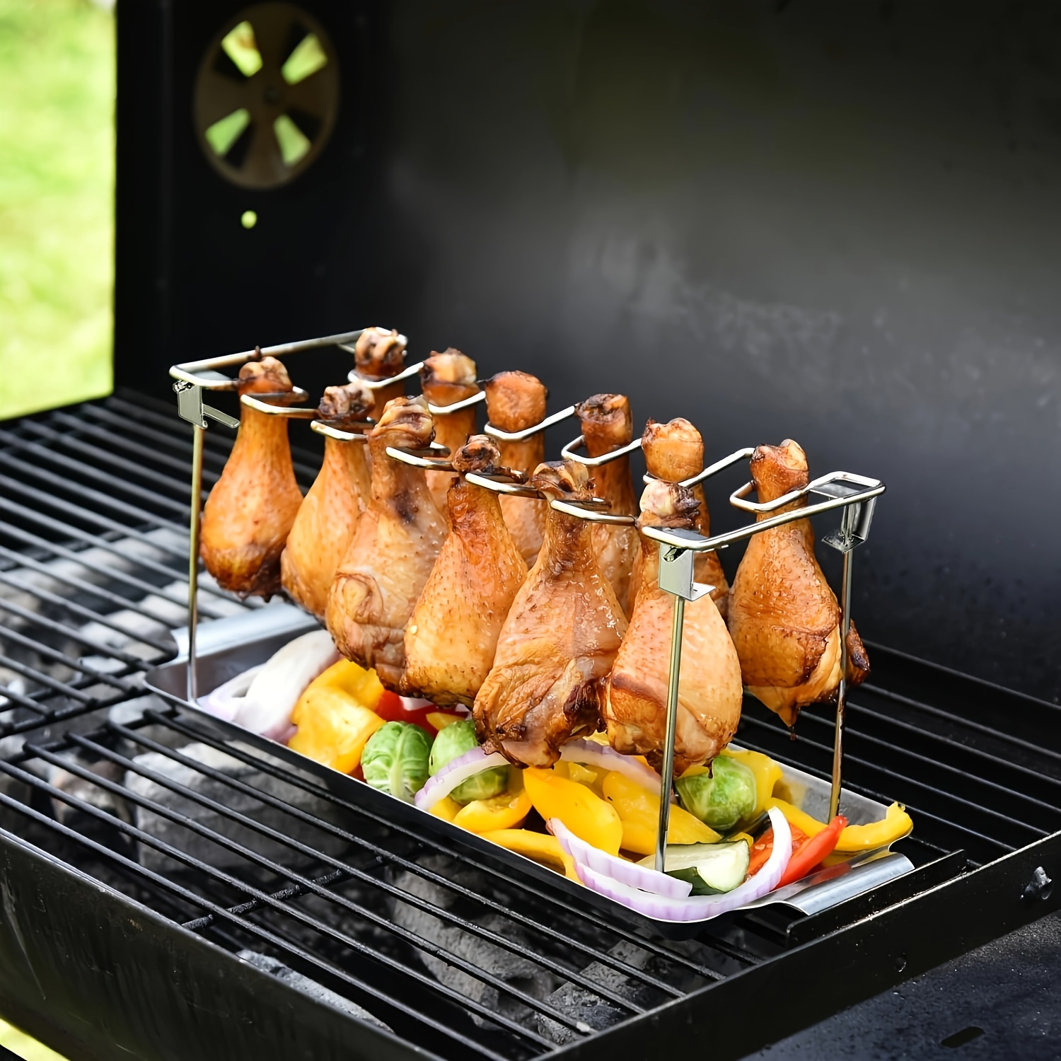 Image of Stainless Steel Chicken Leg And Wing Rack, 14-slot Foldable Vertical Roaster Stand For Bbq, And Oven, Kitchen Accessory For Picnics, Camping And Cooking