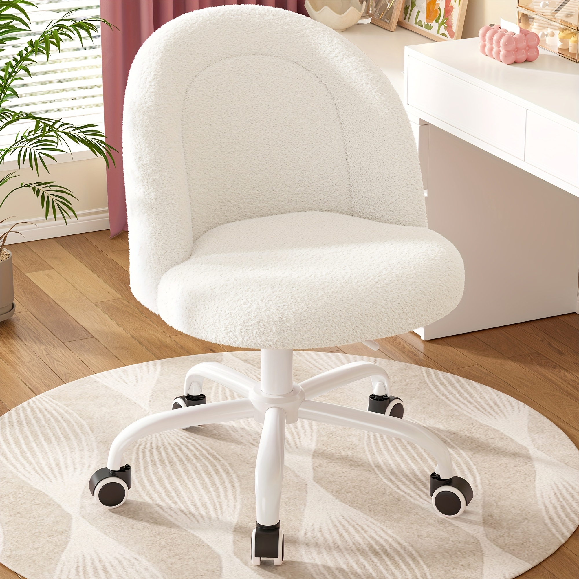 Vanity Chair With Lumbar Support, Adjustable Swivel Armless Desk Chair, Teddy Fleece, Compact For Small Spaces, Bedroom, Beige, Jelly Pink, White, Black, Grey