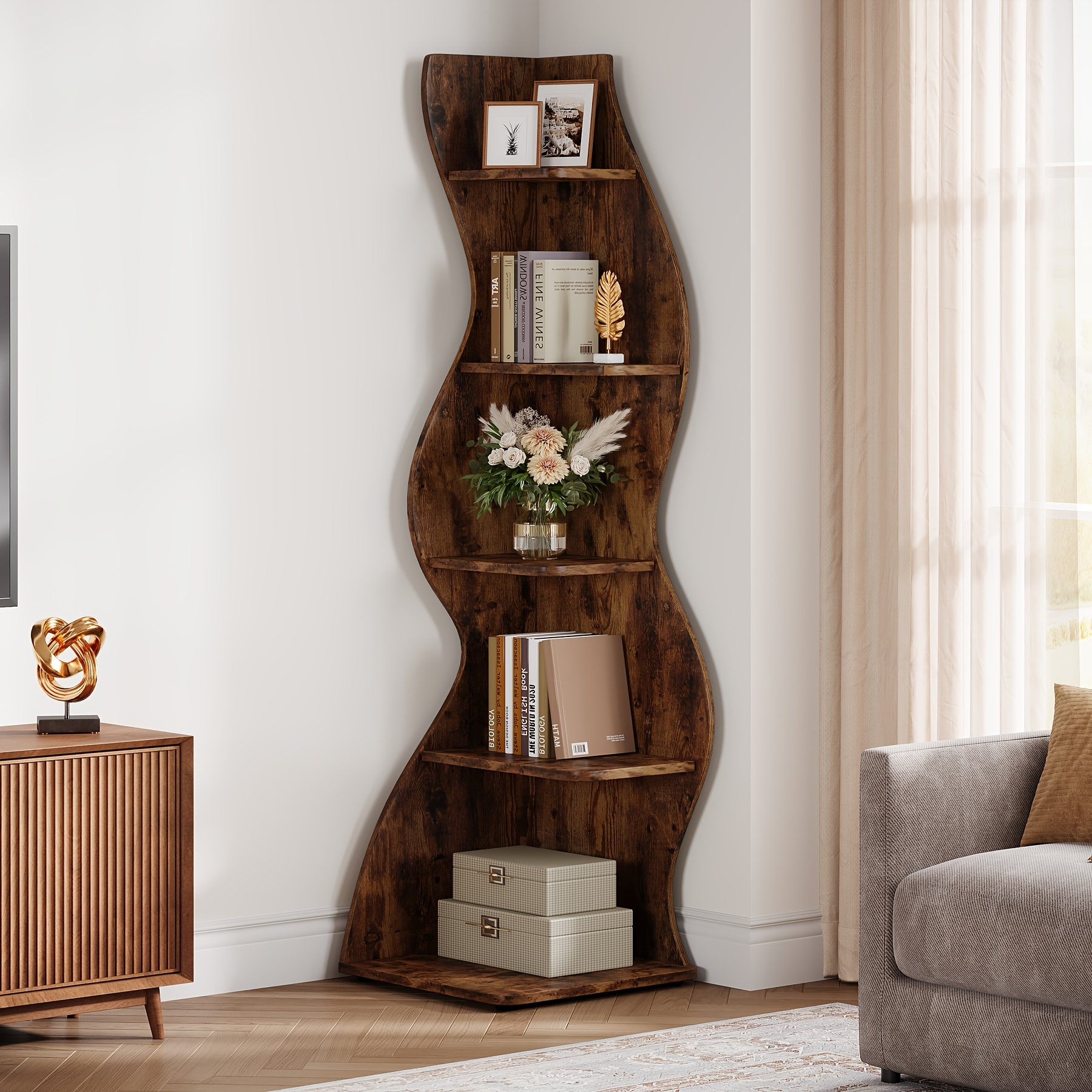 TEMU Rustic 5-tier Corner Shelf, Wall Mounted Bookshelf With Unique Shape, Small Bookcase Storage Rack And Plant Stand For Living Room, Home Office