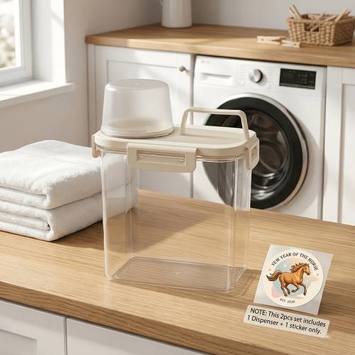 2pcs set 1 storage jar with measuring cup 1 sticker transparent laundry detergent detergent powder dispenser storage jar a sealed storage jar with a graduated lid suitable as a reusable storage pot for scented beads