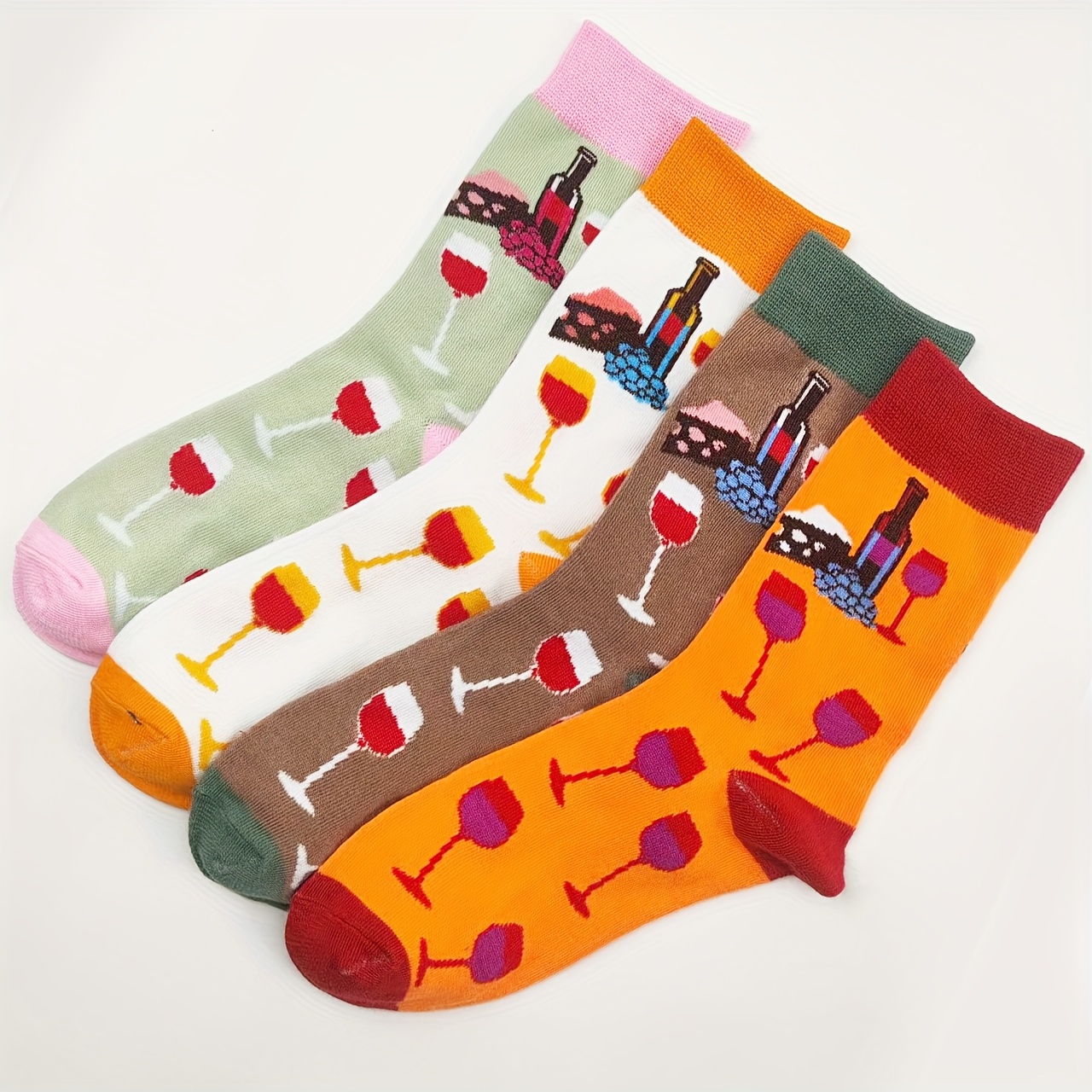 4-pair Pack Red Wine Glass Pattern Trendy Individual Women's Mid-calf Socks, Comfortable Casual All-match Women's Hosiery