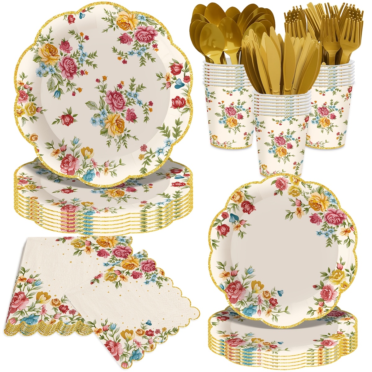 TEMU 140pcs, Vintage /summer Party Decorations Tableware Set, Tea Party Supplies Floral Paper Plates And Napkins, Birthday & Christening Shower Party