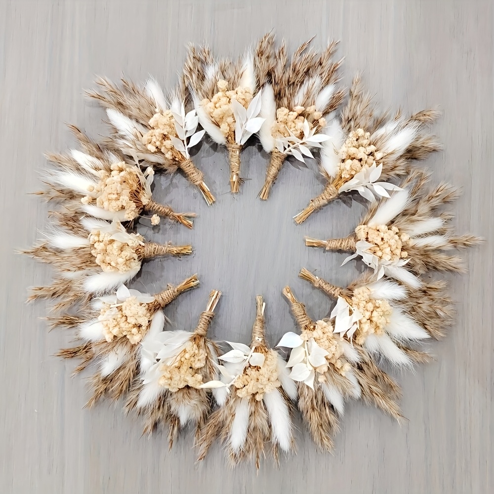 TEMU 12pcs Mini Dried Flower Bouquet With Pampas Grass, Natural Dried Bunny Tail Grass Boutonniere For Wedding Centerpieces, Bridesmaid Gift, Home