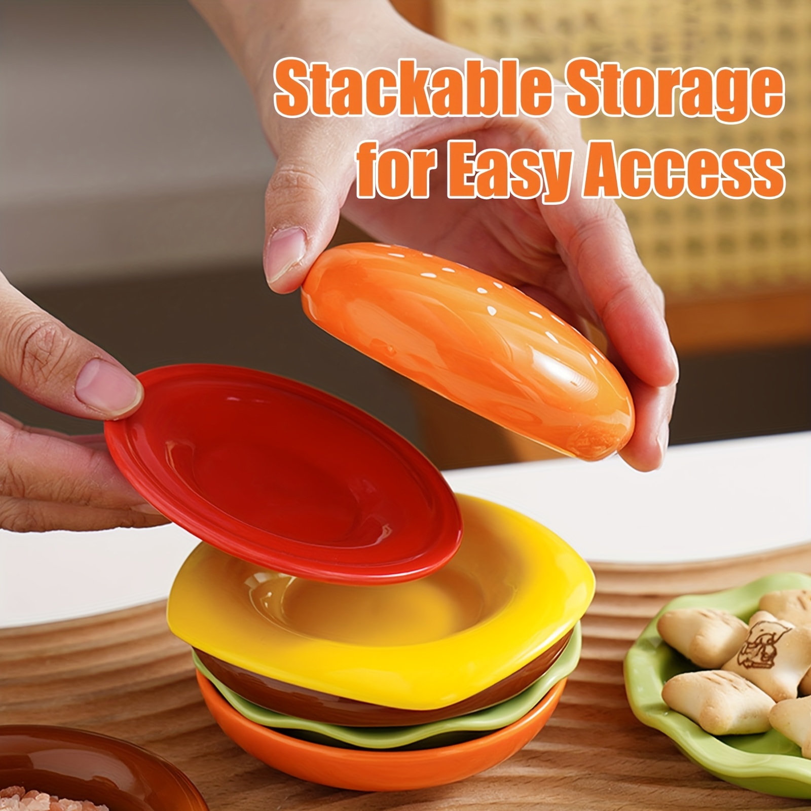 6 layer stackable hamburger shaped mini plates colorful plastic durable plates for family dinners parties picnics space saving design easy table decor snack serving trays party serving dishes tableware material Product details 6