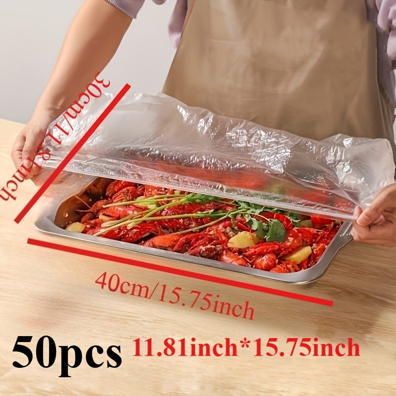 50pcs transparent plastic food service trays with lids elastic 1 size 30x40cm for bread fruits vegetables desserts ideal for kitchen bakery and food preservation food preservation trays