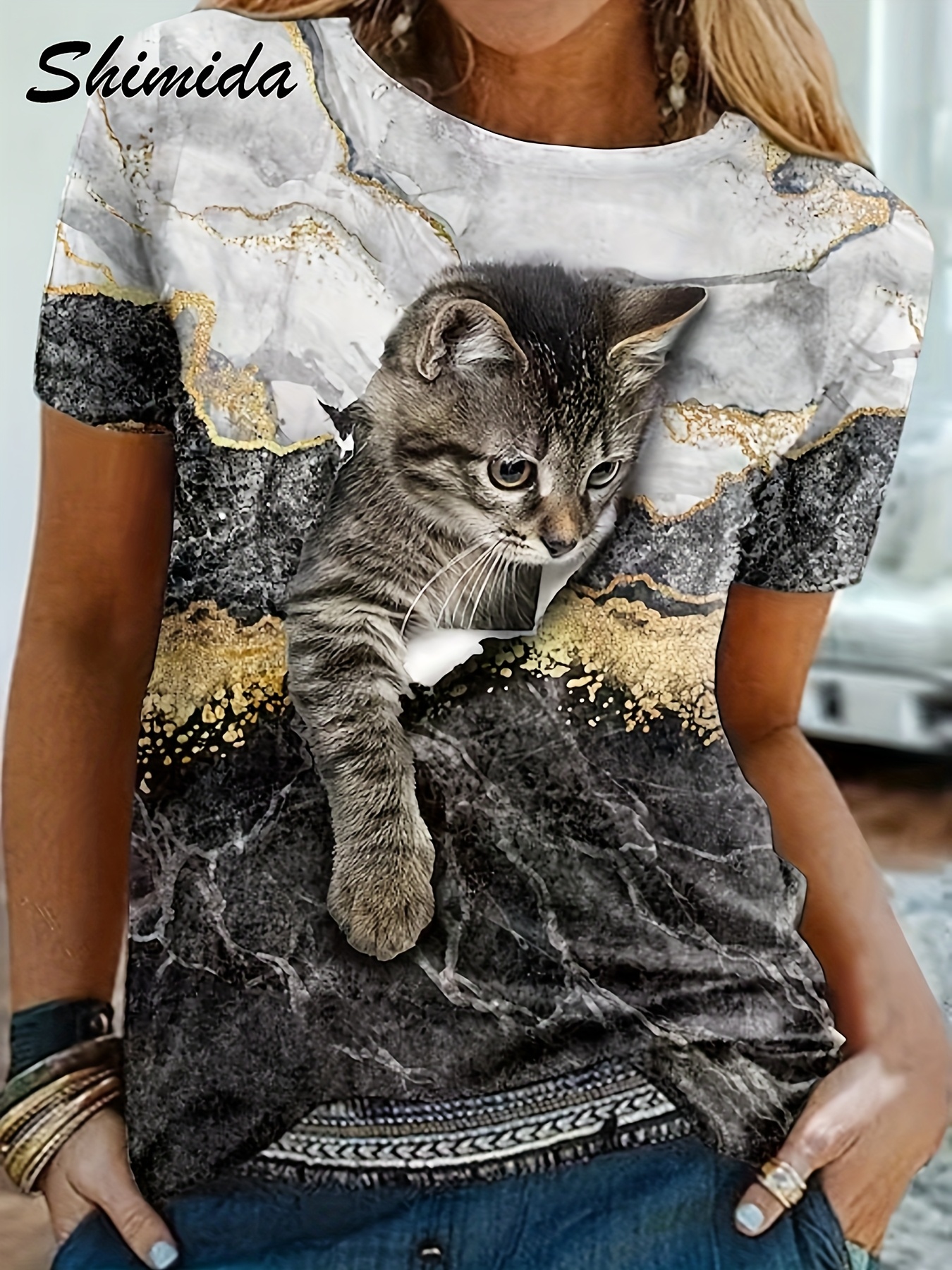 camiseta estampado gato camiseta manga corta cuello Temu Peru