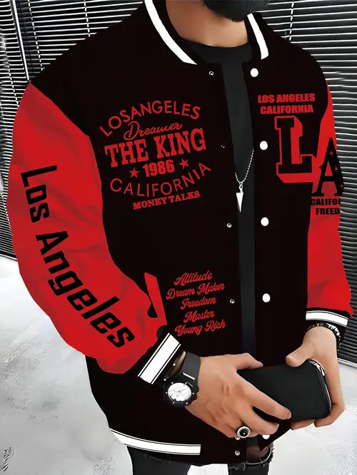 mens los angeles inspired fleece lined varsity jacket black green colorblock baseball collar lettering vintage 1986 design with front pockets machine washable casual streetwear coat urban fashion apparel comfortable collar design