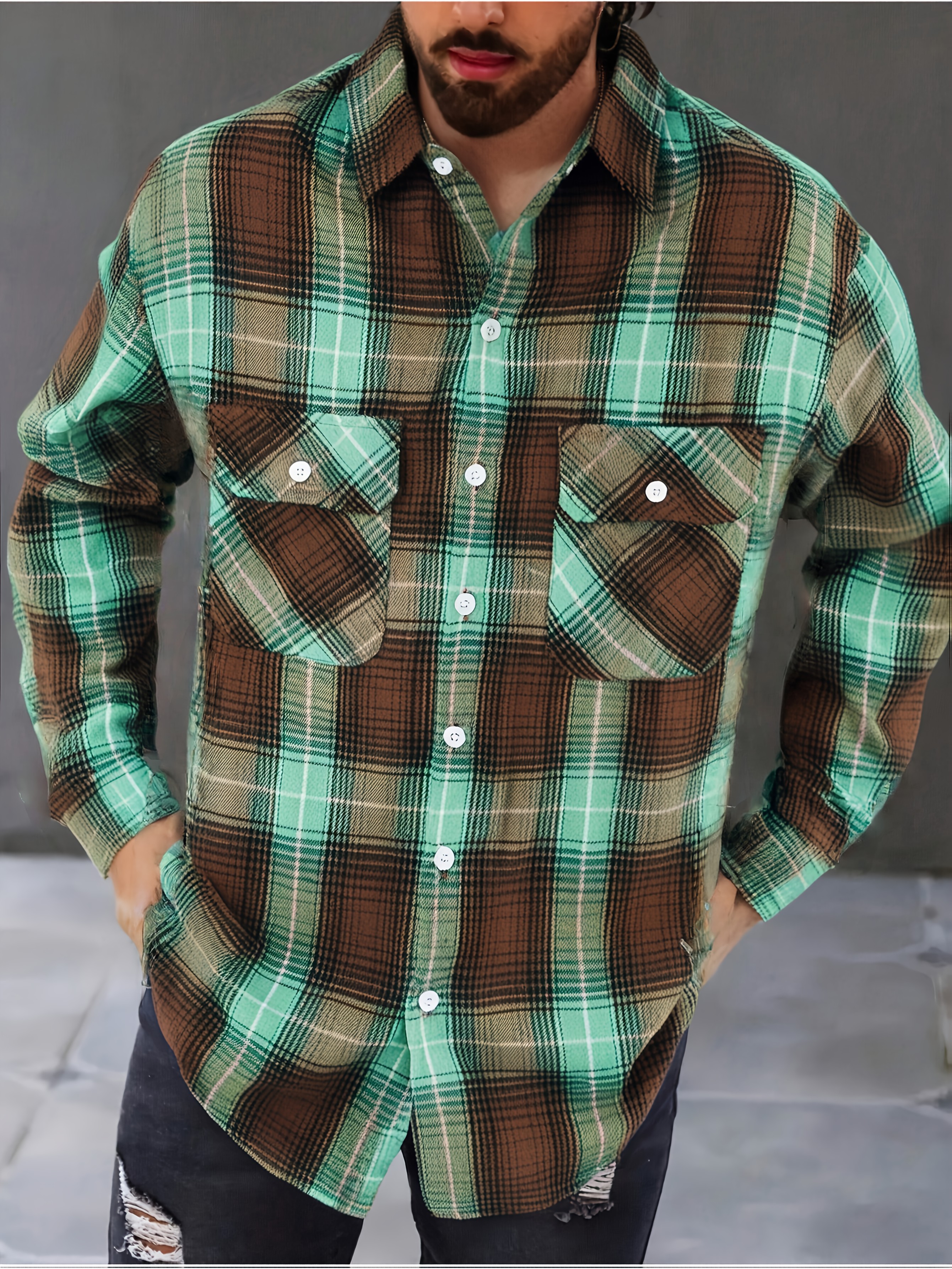 Chemise à Carreaux Homme — Vintage & Décontractée Chemise Vintage à Carreaux Verts et Marron pour Homme, Style Décontracté à Poches Doubles pour Printemps/Automne, Haut Polyvalent, Design Rétro à Carreaux, Coupe Détendue, Lavage à la Main, Tissu Non Élastique, Chemise Homme, Coupe Régulière, Pour Passionnés de Vêtements de Travail, Tenue Décontractée, Taille Chinoise, Veuillez Consulter Attentivement le Guide des Tailles