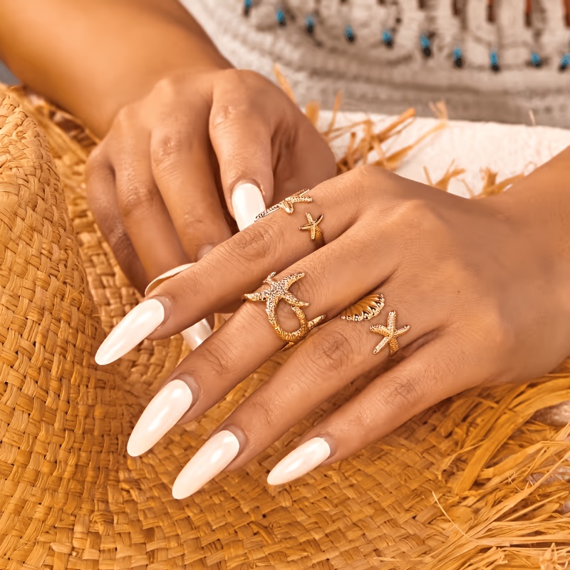 TEMU Set di 3 anelli da donna stile con conchiglia, anello a stella marina, set di cintura regolabile per vacanze