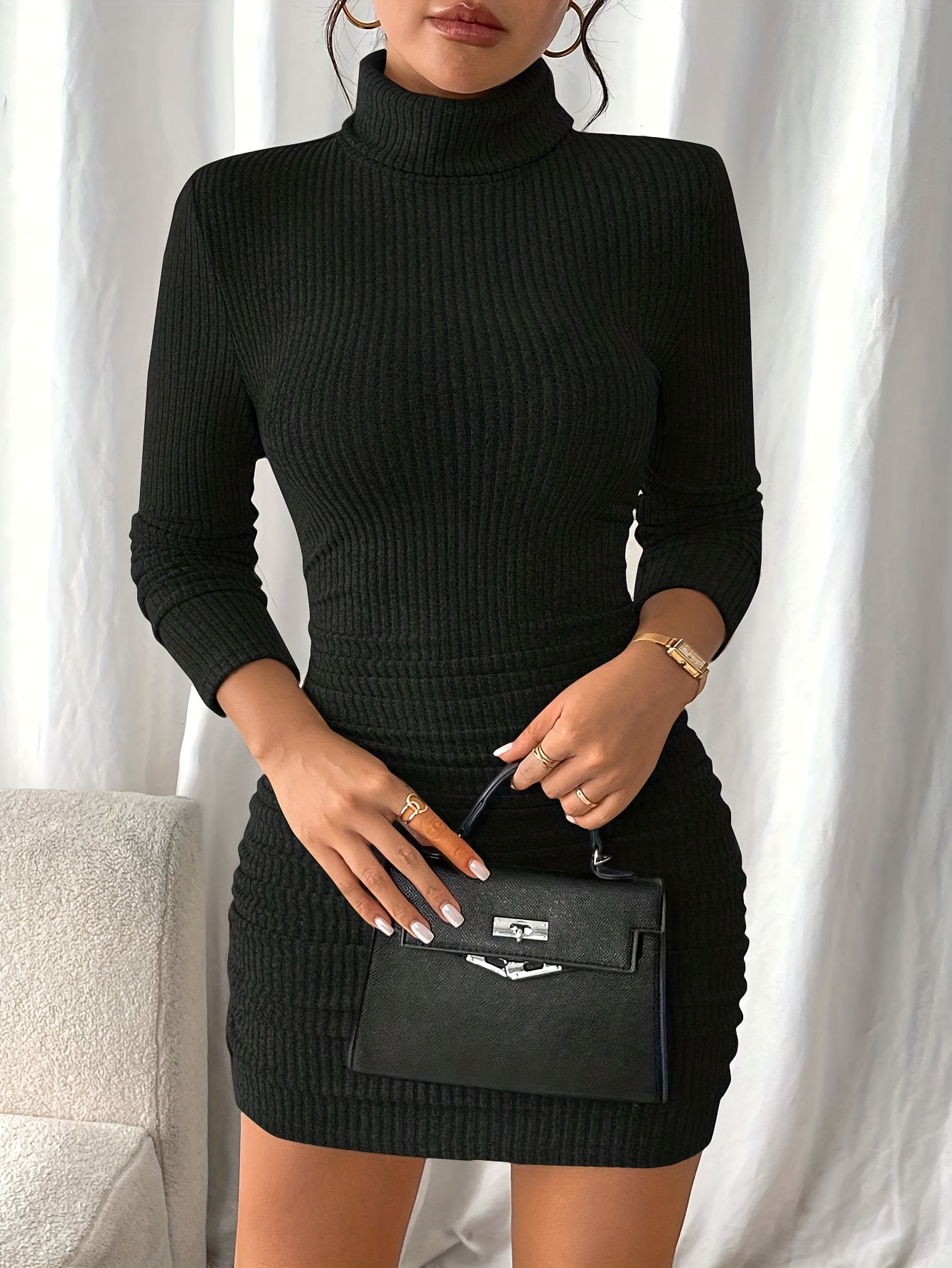 womens autumn winter high neck long sleeve elegant black