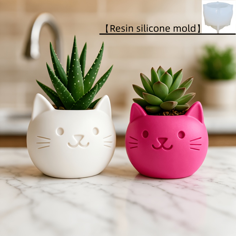 imagen del artículo [molde de silicona de resina] molde de silicona para macetas de flores de gato reutilizable para hacer macetas de suculentas, almacenamiento en el hogar, portalápices, joyería y almacenamiento de joyas, fabricación y fundición de resina, velas perfumadas, jabón de  , cemento de arcilla, manualidades hechas a  , adornos