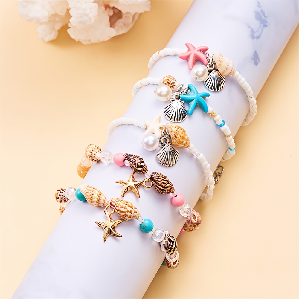 

5pcs Delicate Bracelet With Shell Starfish Conch Bracelet Sets Bohemian Beaded Bracelet Summer Beach Fashion Bracelet Ocean Theme Seashell Starfish Beaded Charms Bracelet For Women