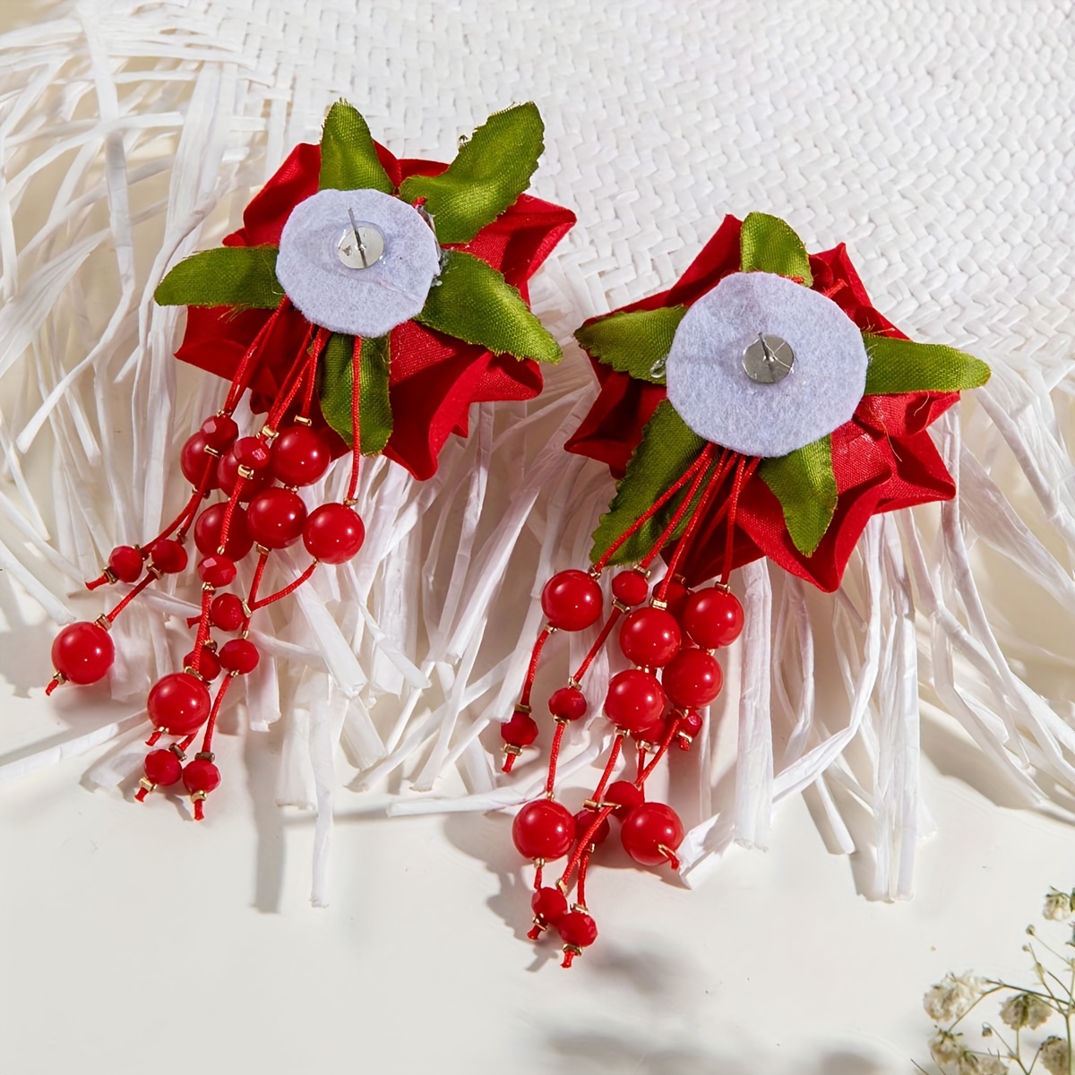 Vintage Inspired Red Rose Beaded Dangle Earrings