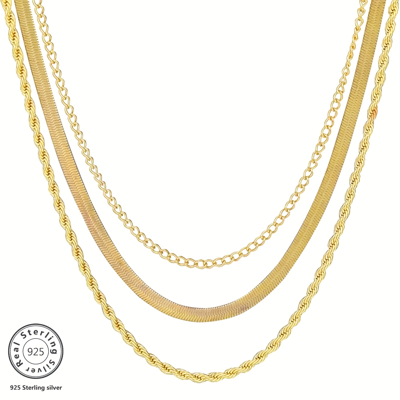 

1 3-layer 14k Golden Plated 925 Sterling Silver Chain Necklace, Unisex Hip Hop Chic, Christmas, Anniversaries, Birthdays, And Gift Box