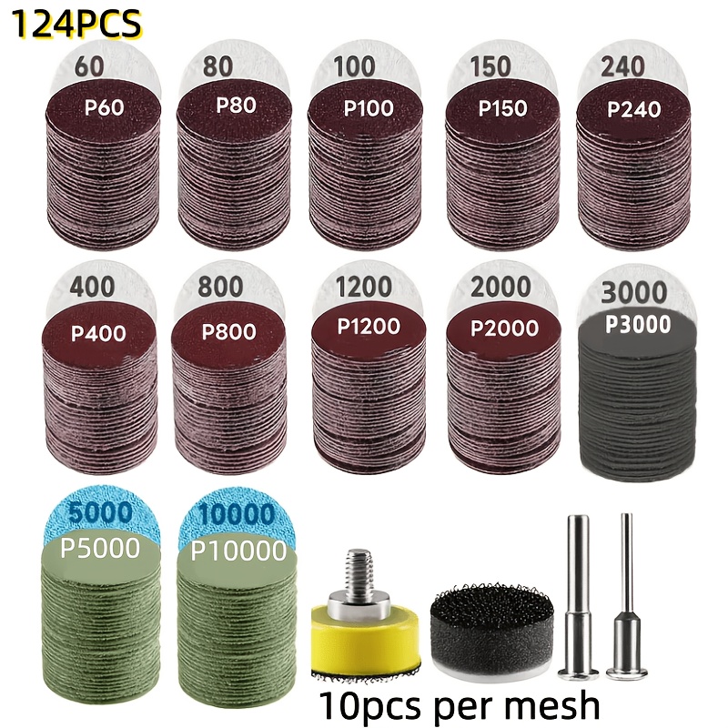 TEMU 124/184/244pcs 2.54cm Sanding Discs, 60 To 10000 Grit Wet-only Hook-and-loop Micro Sandpaper, With 0.32cm / 0.64cm Shank, Backing Pad, Suitable