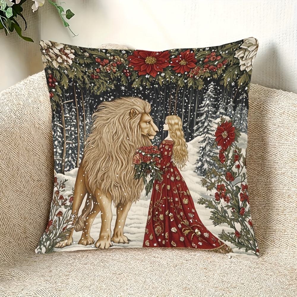 

1pc Traditional-style Princess And Lion Pillow Cover 18x18 Inch, Machine Washable Polyester Woven Decorative With Zipper Closure For Room Types