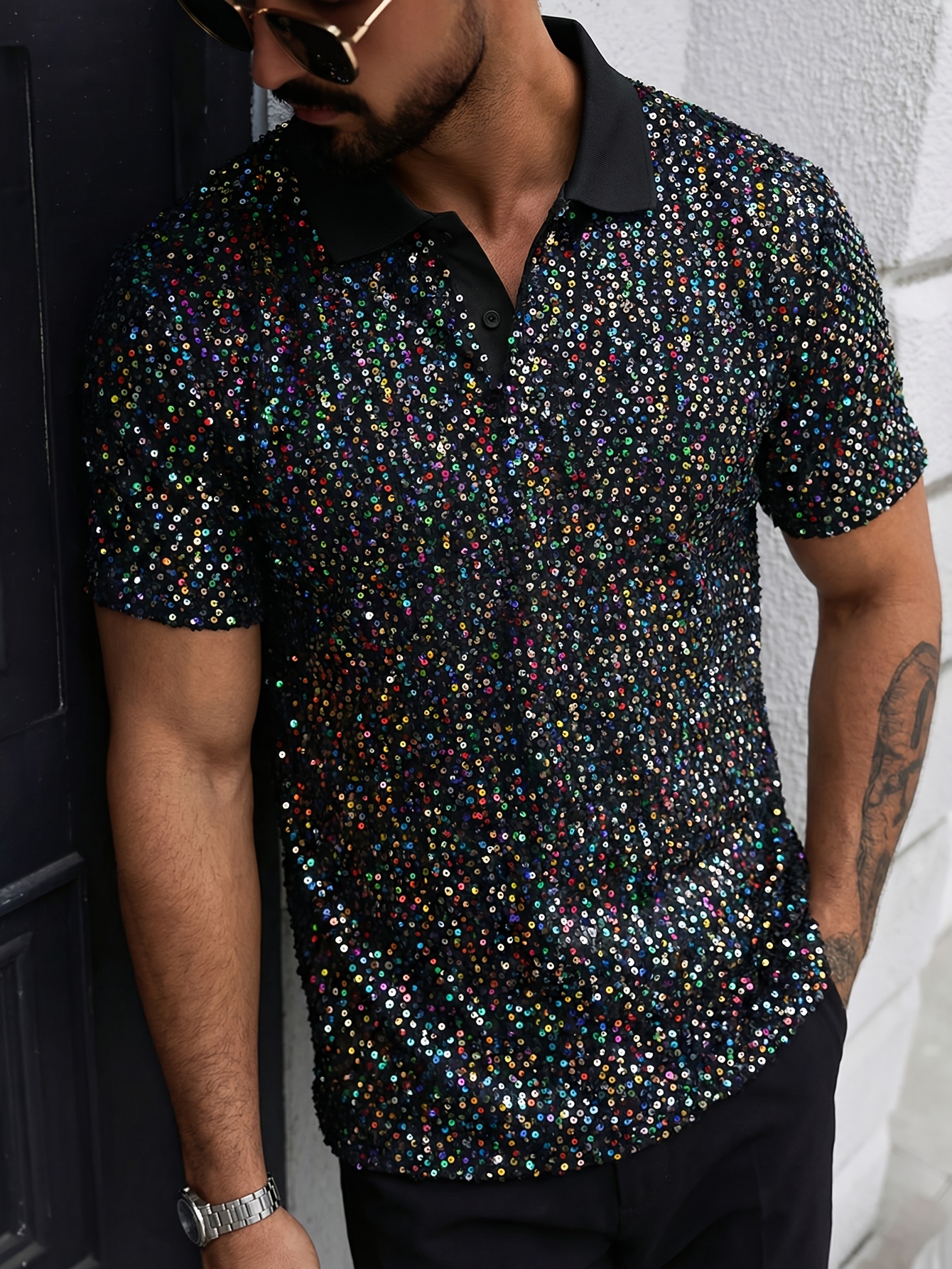 mens glitter dress shirts Any Old Iron Men's Oil Slick Sequin Blazer Jacket L main image 0