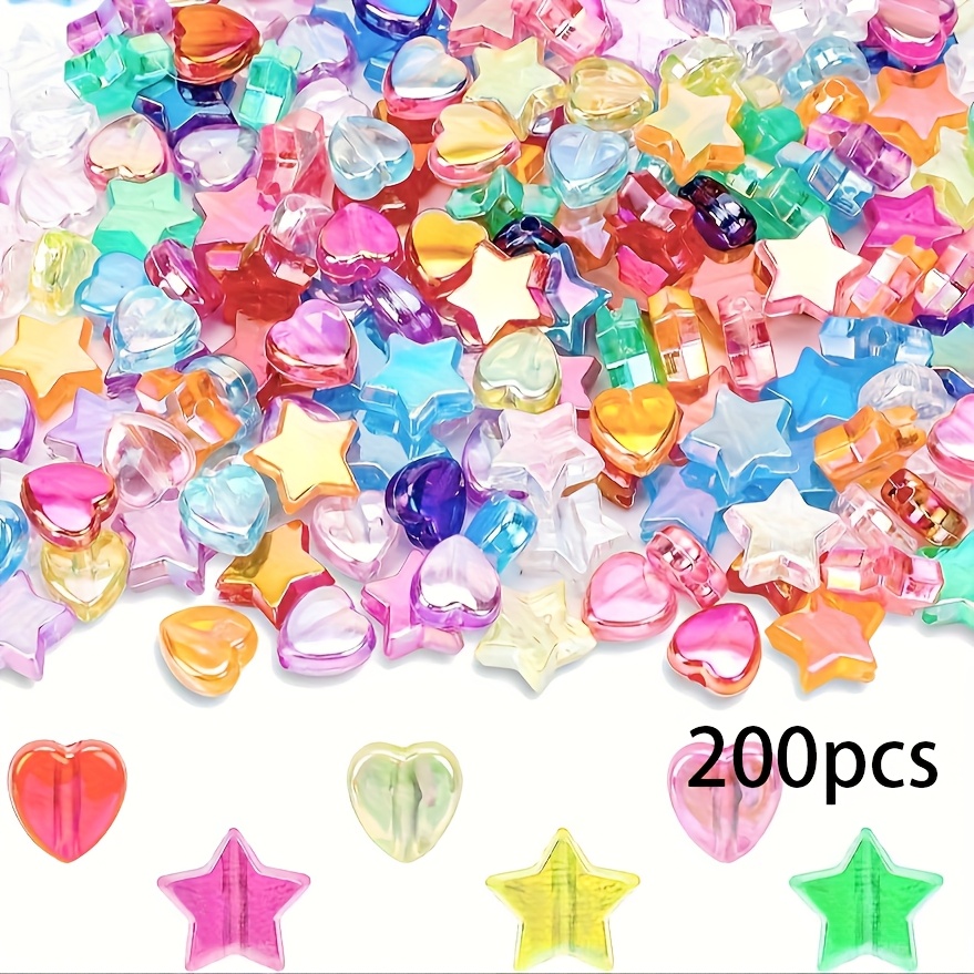 Image of 200pcs Assorted Acrylic Beads - 10mm Star & 9mm Heart Shapes In Rainbow, Pastel, And Metallic Colors - Perfect For Diy Couples Bracelets And Jewelry Making, Craft Beads|vibrant Bead Mix|glossy Finish