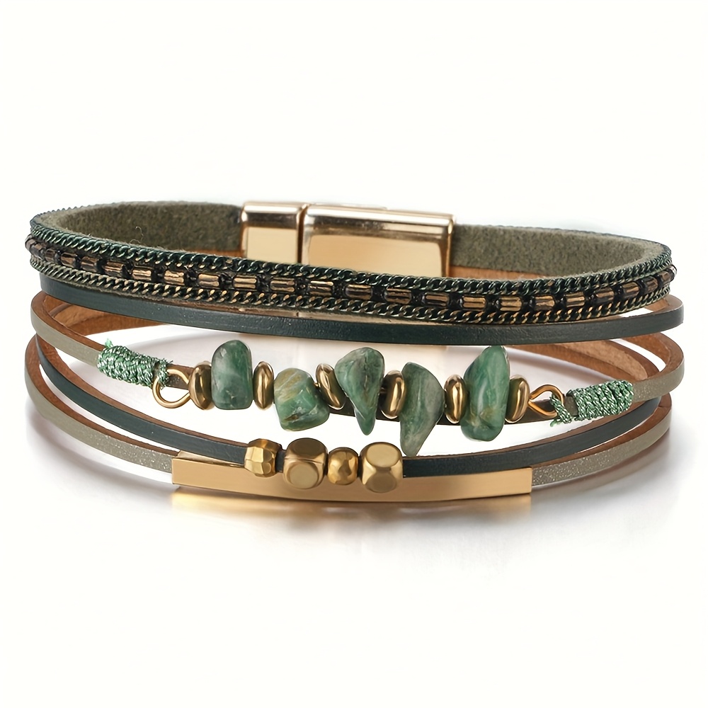 TEMU Un bracelet de plage d'été pour femmes avec des perles de pierres vertes et des tubes en laiton dans des styles européens et américains