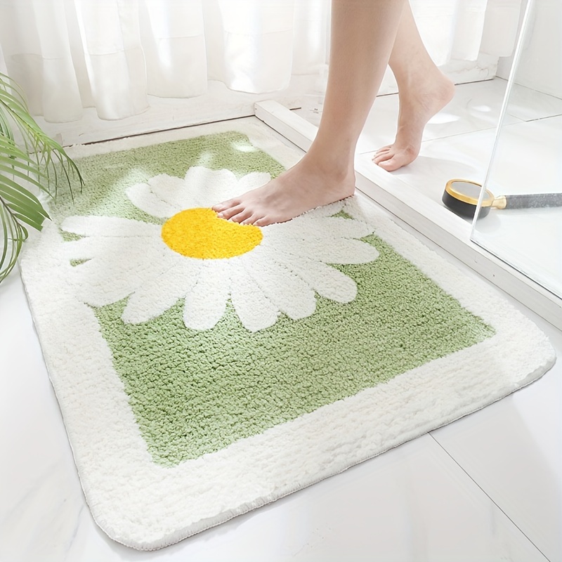 

1pc Daisy Print Cashmere Bath Mat, Super Soft Fluffy Absorbent Anti-slip Rug, Machine Washable Knit Fabric, 1000gsm Polyester Pvc , Ideal For Laundry Decor - Oblong Shape