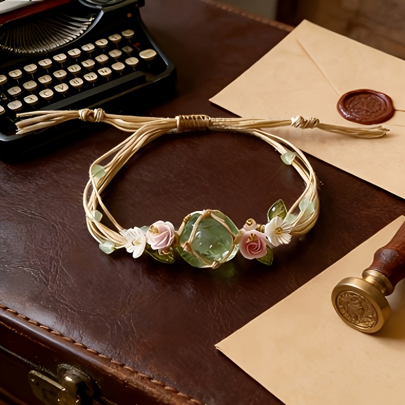 Adjustable Bohemian-Style Woven Bracelet with Green Crystals