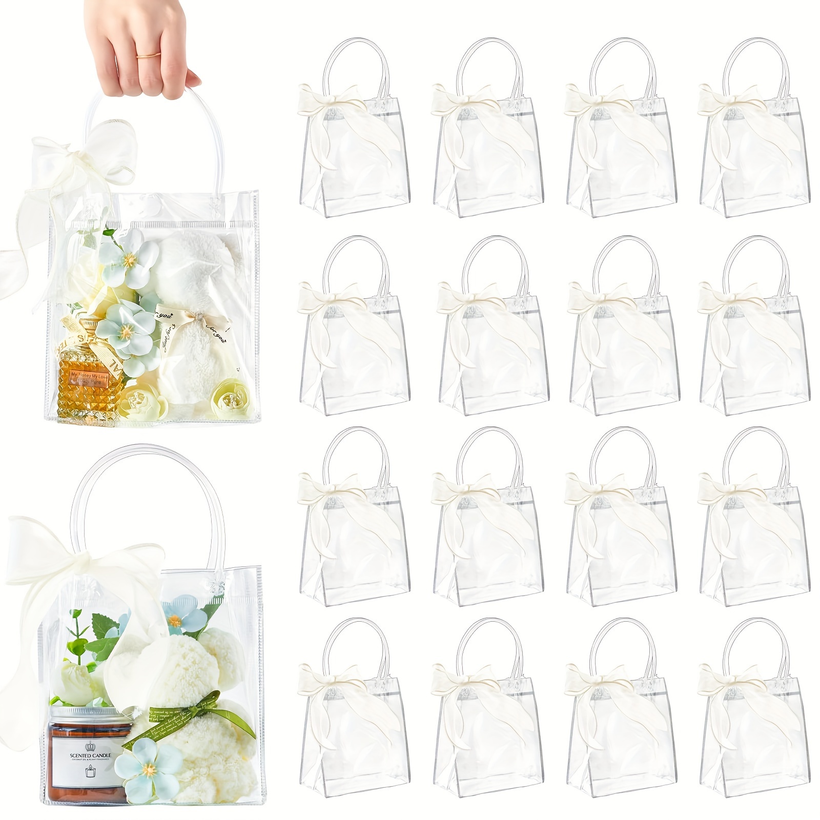 

24 Packs, Clear Gift Bags With Handle, Transparent Pvc Buttoned Shopping Gift Bag Reusable Plastic Gift Wrap Tote Bags With Ribbon For Wedding Party Favors Christmas Goodie Bags Party Favor Bags