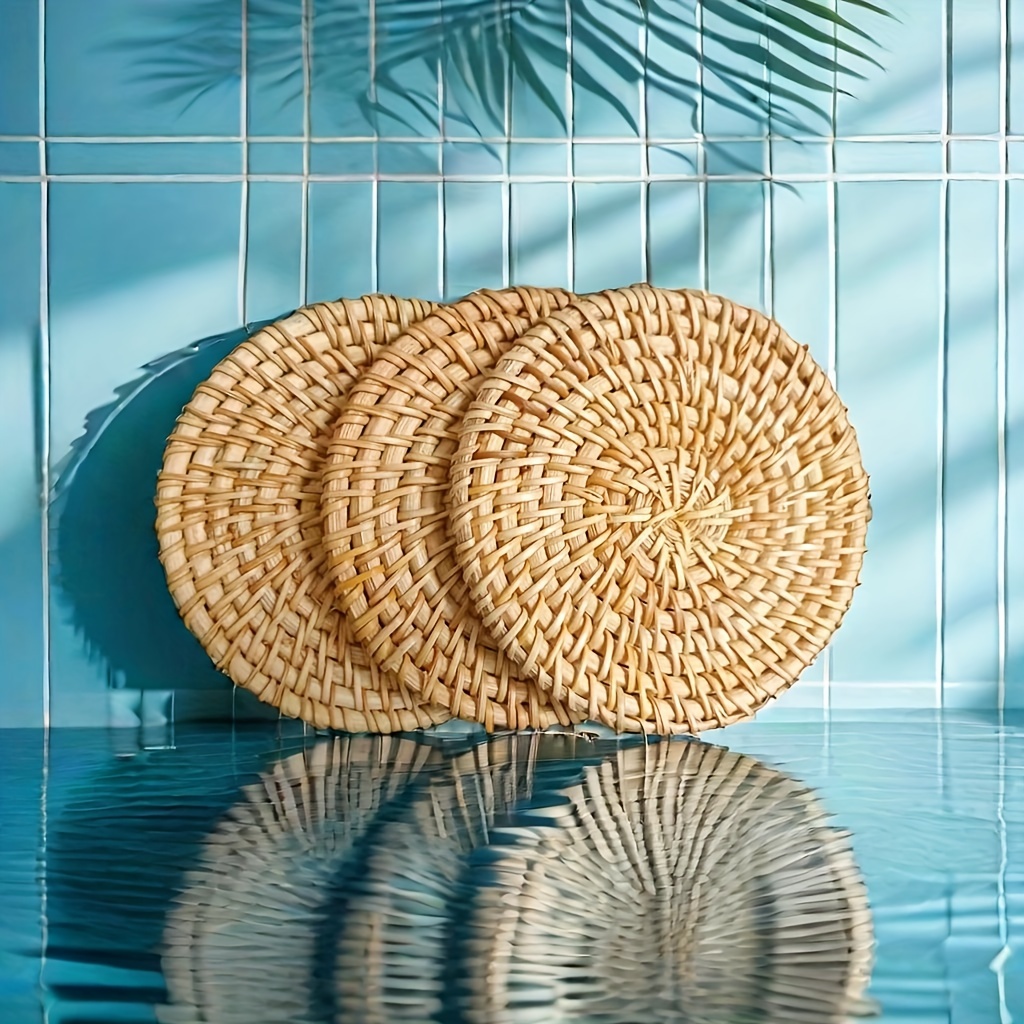 

versatile Organizer" Rattan Woven Coaster Set With Holder - 10cm, Perfect For Kitchen & Bedroom Storage, Ideal Housewarming Gift, Living Room Decor, Cup Protection Accessories