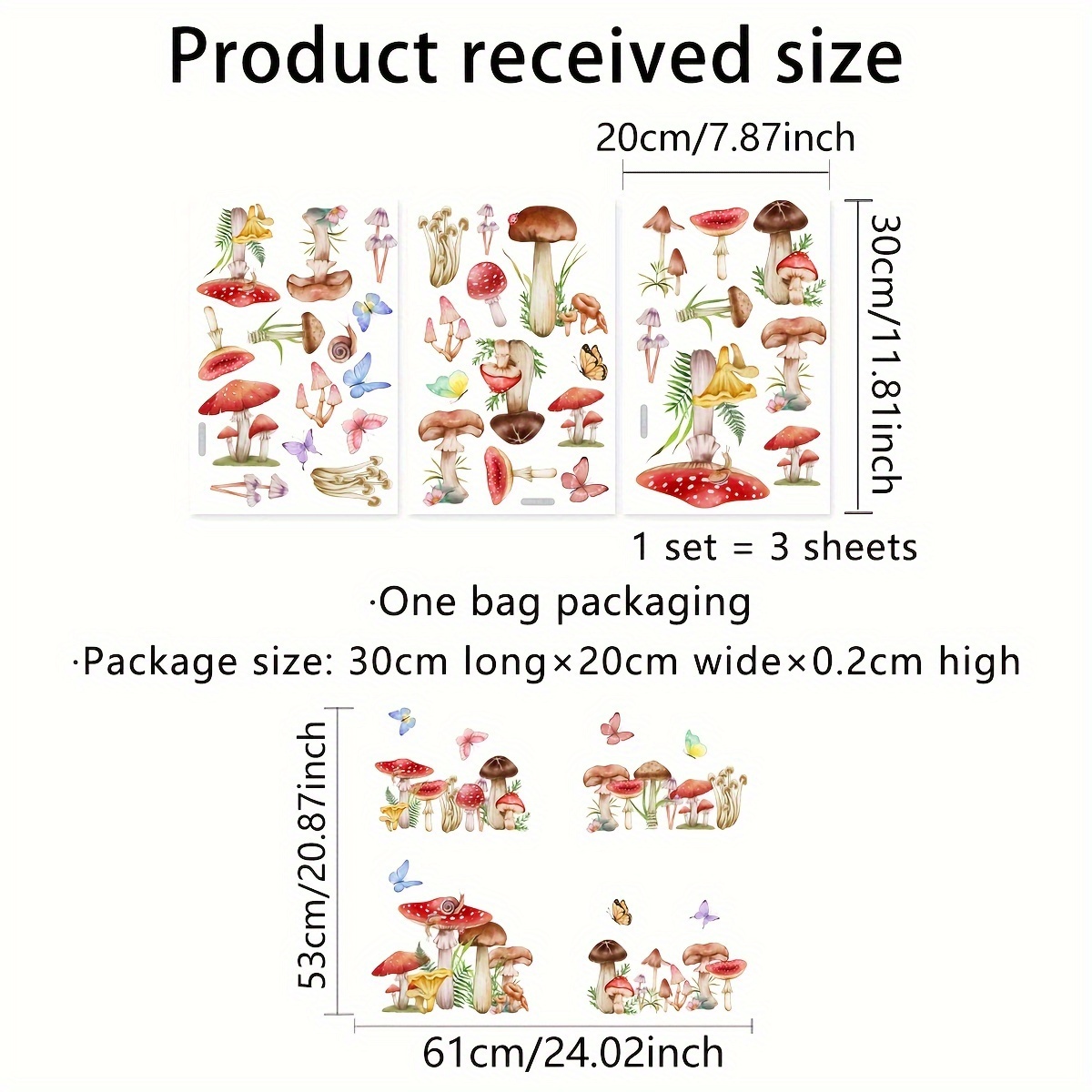 Image of A Set Of 3 (30*20cm*3pcs) Mushroom, , And Leaf Static Cling Window Decals For Glass Display Windows, Living Room Windows, And Home Window Stickers