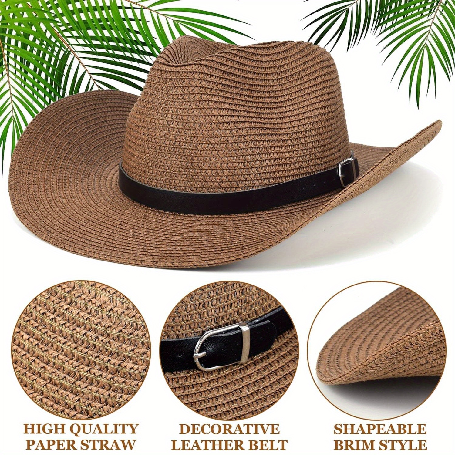 Foldable Wide Brim Cowboy Hat for Women Men, Paper Straw, Adjustable Size Straw Cowboy Hat for Women Men Classic Western Cowgirl Cap  main image 3