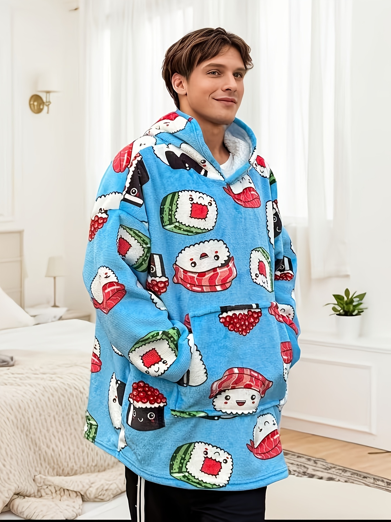 cozy sushi print fleece hoodie oversized tv blanket with pockets warm long sleeve flannel sweatshirt for men and women blue   design loose fit winter clothing hoodie casual wear comfy clothing