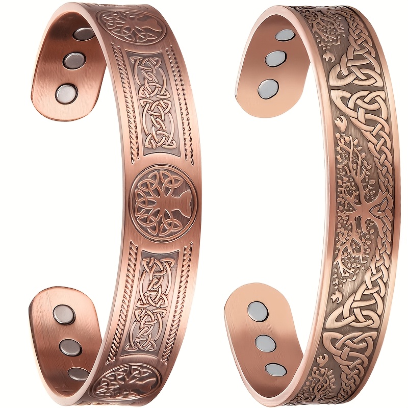 Image of 2pcs Retro Classic Celtic Tree Of Life Open Cuff Bangle, Nordic Totem Woven Pattern Niche Fashion Unisex Bracelet, Daily Wear And Ideal Gift